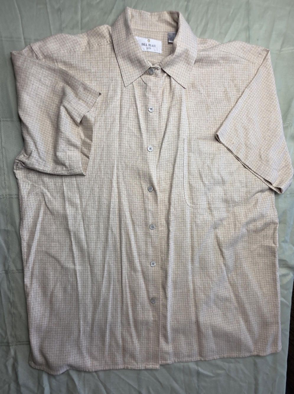 Bill Blass 100% Silk Textured Grid Short Sleeve Button Down Shirt Tan Beige L